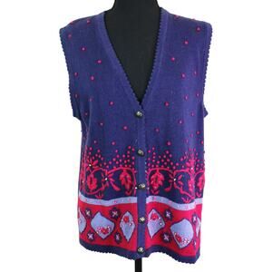 Vintage Joan Steele Embroidered Cotton Ramie Vest Pearls Beaded Knit Blue Pink S